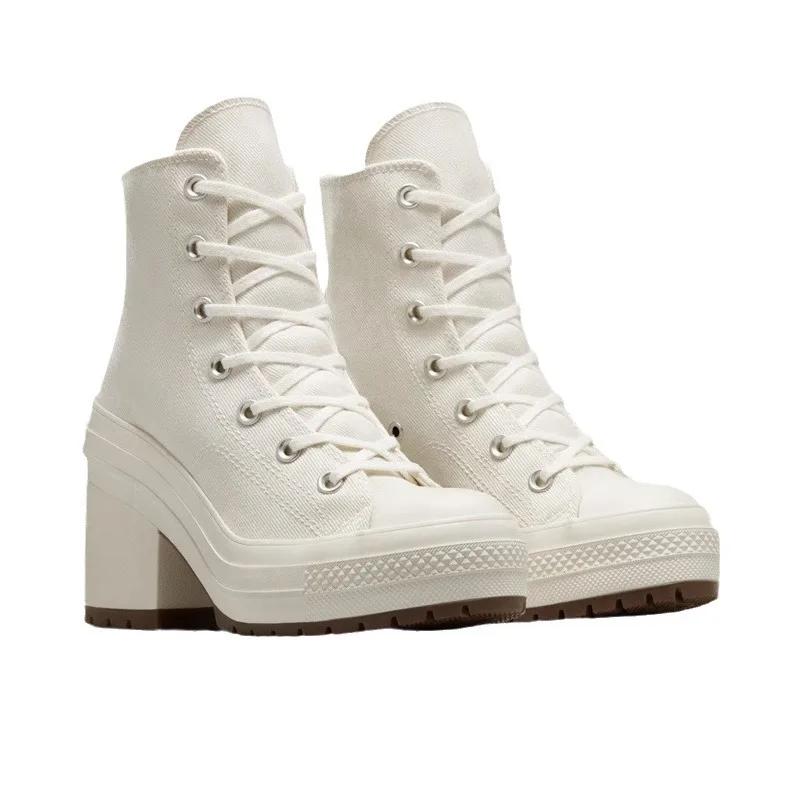 Высокие парусиновые кеды 2025 Новые Европа и США Толстый каблук Круглый носок Ремешок Толстая подошва Маленькие белые туфли