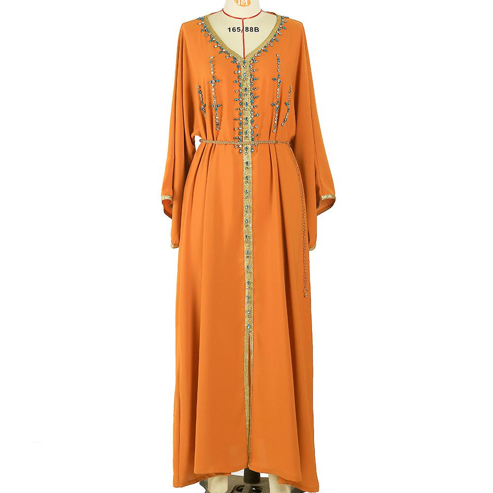 Middle Eastern Women's Clothes Solid Color V Neck Handmade Rhinestone Loose Shoulder One Sleeve Slim Fit Muslim Dress
