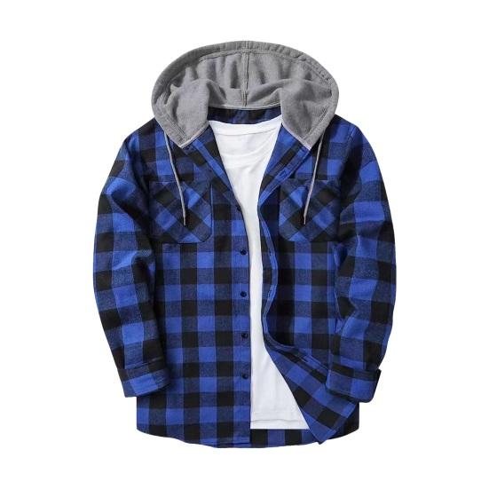 Fall Spring Men Shirt Hooded Drawstring Long Sleeves Color Matching Plaid Print Single-breasted Daily Wear School