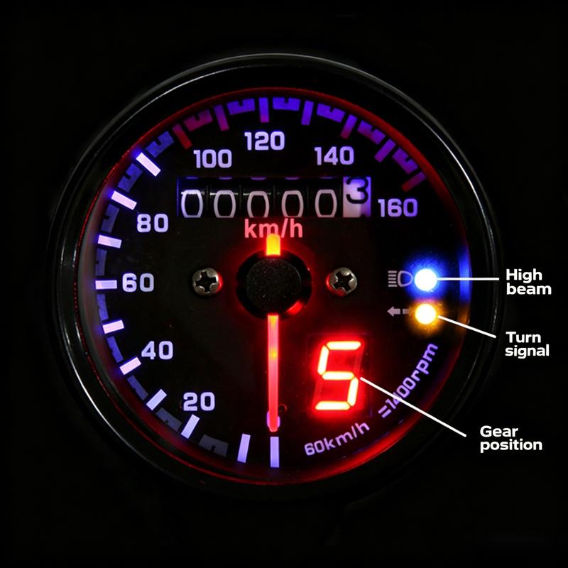 Universal Motorcycle LED Speedometer with Gear Indicator, Retro Modified Meter for Harley, Steed, Diwang