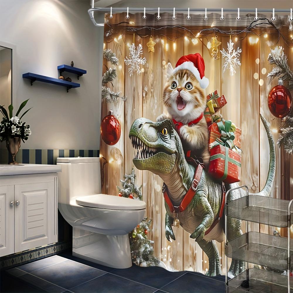 Рождественский кот на тираннозавре занавеска для душа - Праздничный полиэстеровый декор для ванной с шапкой Санты, снежинками и праздничными огнями