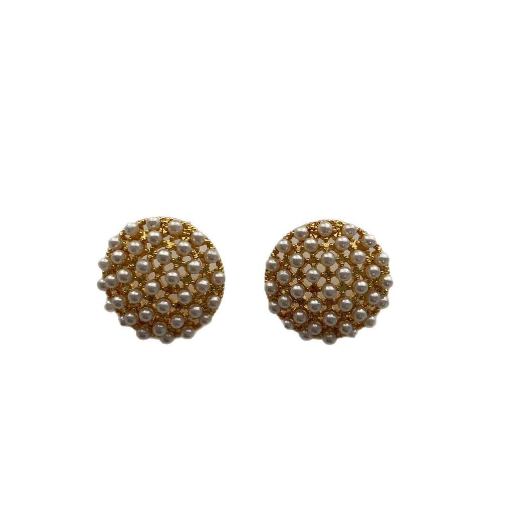 Round Dense Arrangement Small Pearl Stud Earrings Retro Bead Embroidery Exquisite Elegance Ritual Niche Earrings