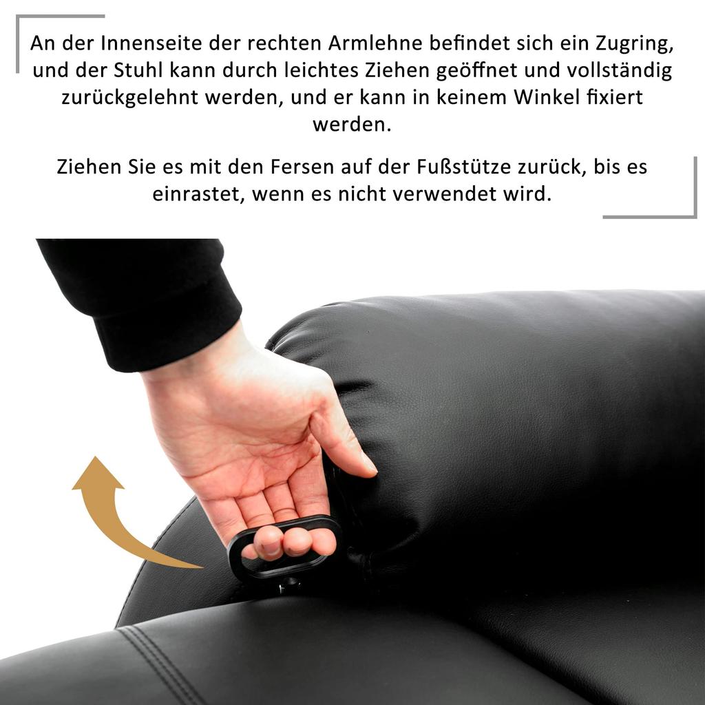 Кресло-реклайнер с наклоном 130°, Одноместный диван с подставкой для ног, Раскладное кресло-шезлонг из ПУ кожи, Кресло-реклайнер с боковым карманом, Гостиная, Черный