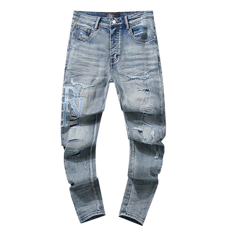 Fashion American High Street Hole & Patch Trendy Retro Straight Ami Denim Pants