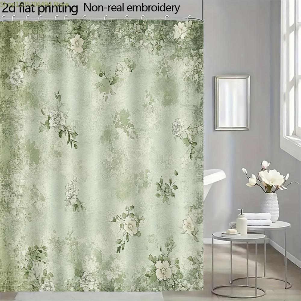 1pc 71x71 Inch Distressed Floral Shower Curtain - Sage Green & Cream Polyester, Machine Washable Bathroom Decor with Grommets,