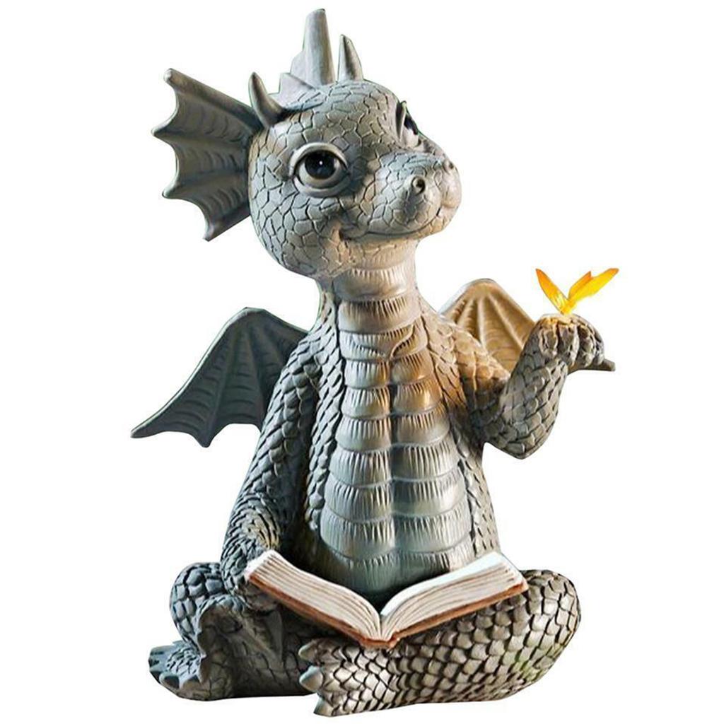 Reading Book Little Dragon Sculpture Cute Reading Book Dragon Statues Resin Garden Dragon Sculptures Art Ornament Gift for Lawn