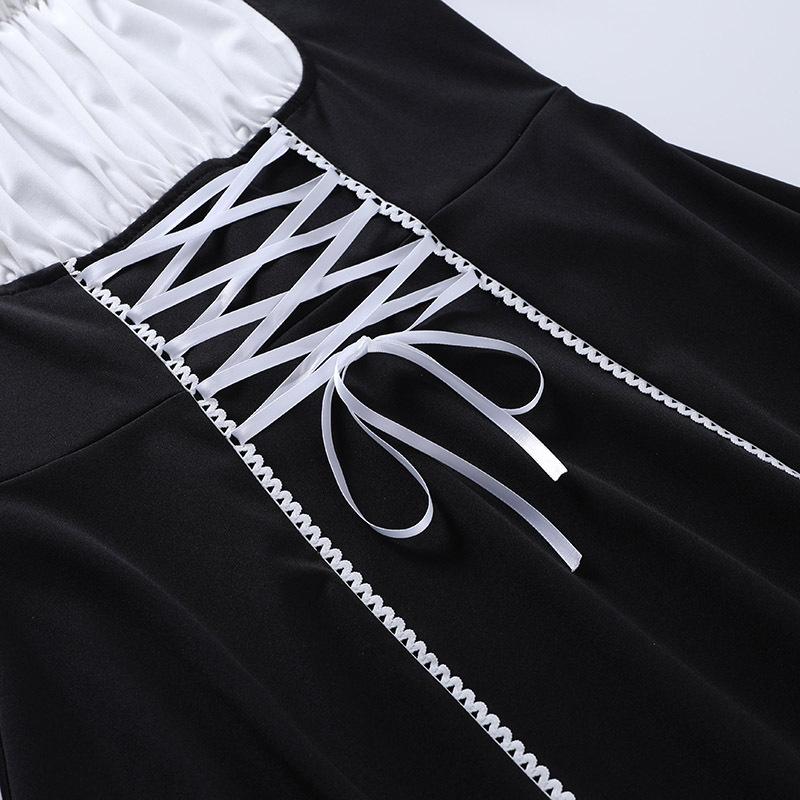 Y2k Готическое платье Лолита, женское темно-черное платье в студенческом стиле, осеннее контрастное цветное платье с пышными рукавами и завязками, женское платье