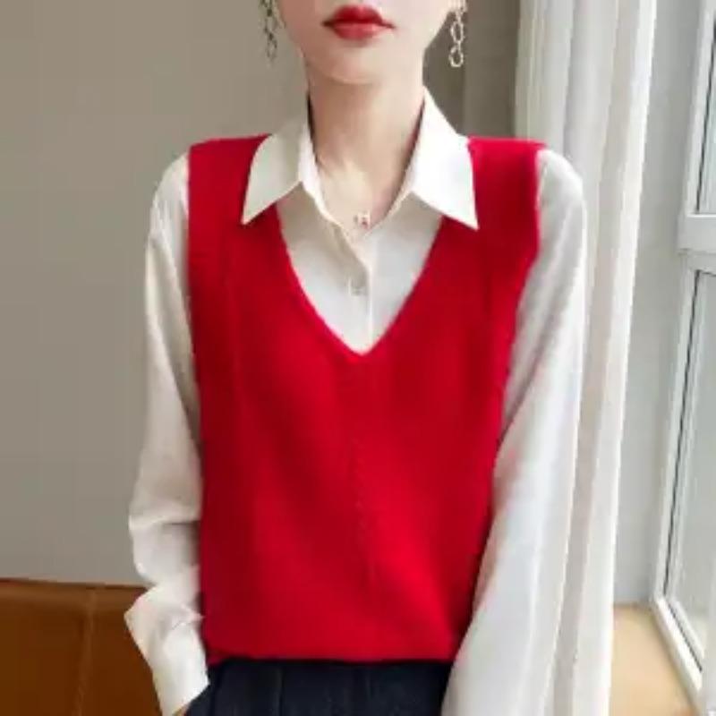 Женский новый сшивной пуловер V-образный вырез модный однотонный универсальный повседневный свободный безрукавный топ-жилет