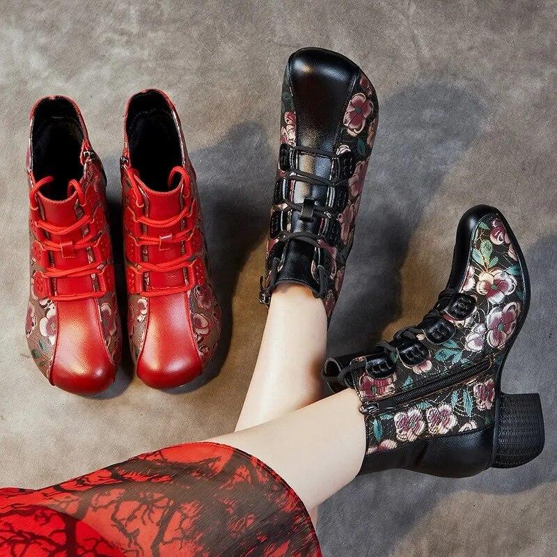 Johnature Короткие ботинки, женские теплые женские туфли с круглым носком и толстым каблуком в этническом стиле, на мягкой подошве с принтом