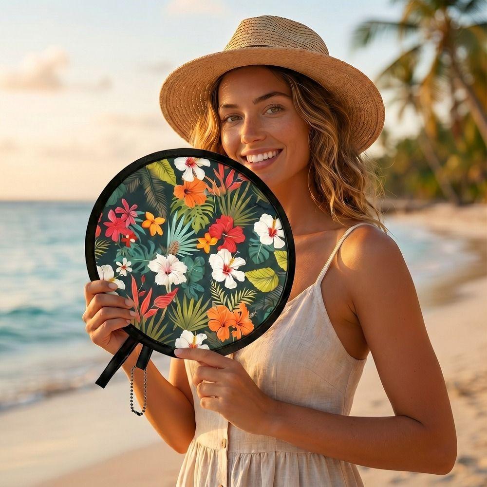 Japanese Style Folding Fan Flower Pattern Collapsible Fan Mini Handheld Fan Beach Use