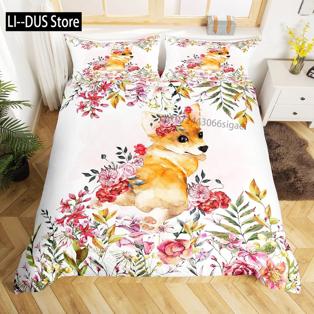 Labrador Duvet Cover Set Hand Drawn Sketch Welsh Corgi Decorative 3 Piece Bedding Set With 2 Pillow Shams Queen King Full Size