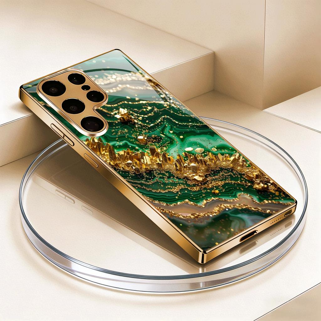 Позолоченный чехол для телефона из закаленного стекла, совместимый с Galaxy S26 S25 S24 S23 S22 Ultra Plus. Имеет текстурированный дизайн в зелено-золотых тонах.