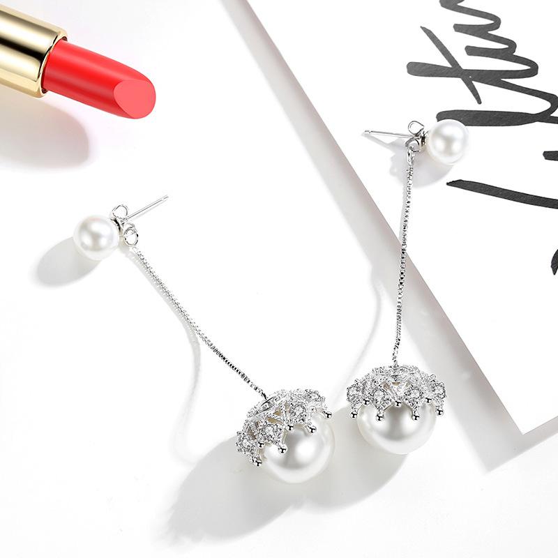Женская корейская мода Элегантные антиаллергенные серьги-гвоздики из серебра 925 пробы с простым кристаллом циркона и кружевом с двойным жемчугом Женские длинные серьги-гвоздики для ушей Подарки