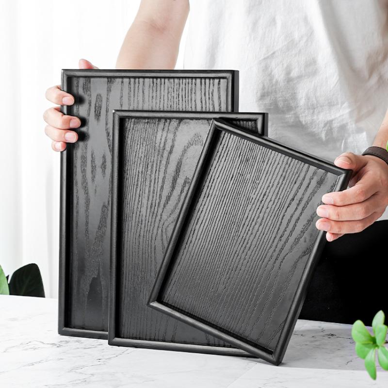 Черный поднос, прямоугольный поднос для чая из цельного дерева, тарелка для японского ресторана, тарелка для последнего блюда, винтажная деревянная тарелка, поднос для чайного сервиза