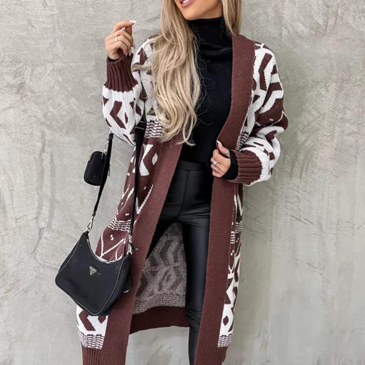 Женский жаккардовый трикотажный кардиган с V-образным вырезом, свободного кроя, с геометрическим узором - Осень/Зима