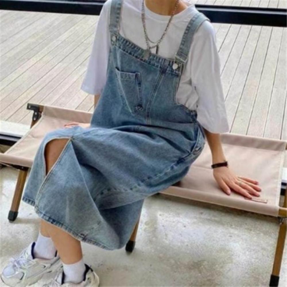 New ArrivalS Open Run Women Denim SuSpender Long DreSS With Pocket DetailS And S
