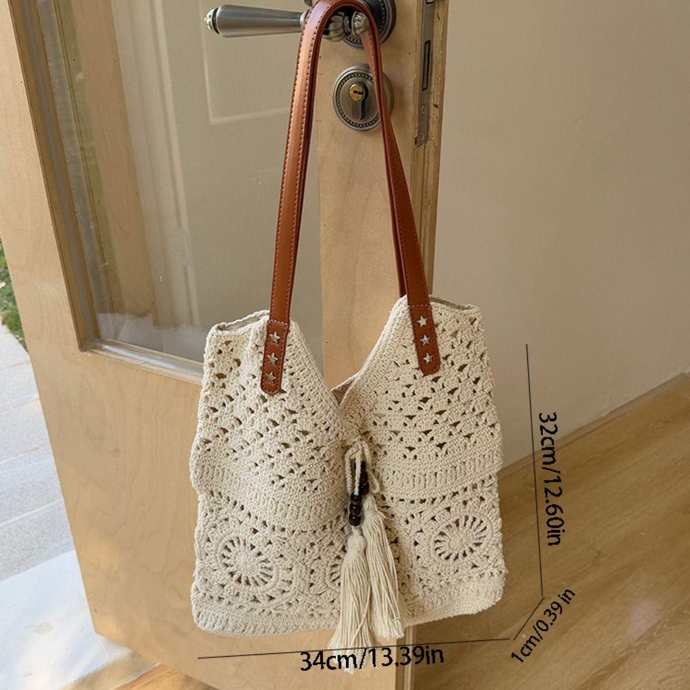Simple Bohemian Crochet Tote Bag Hollowed Out Ethnic Style Boho Weave Bag Handbag Large Capacity Knitted Bag Picnic