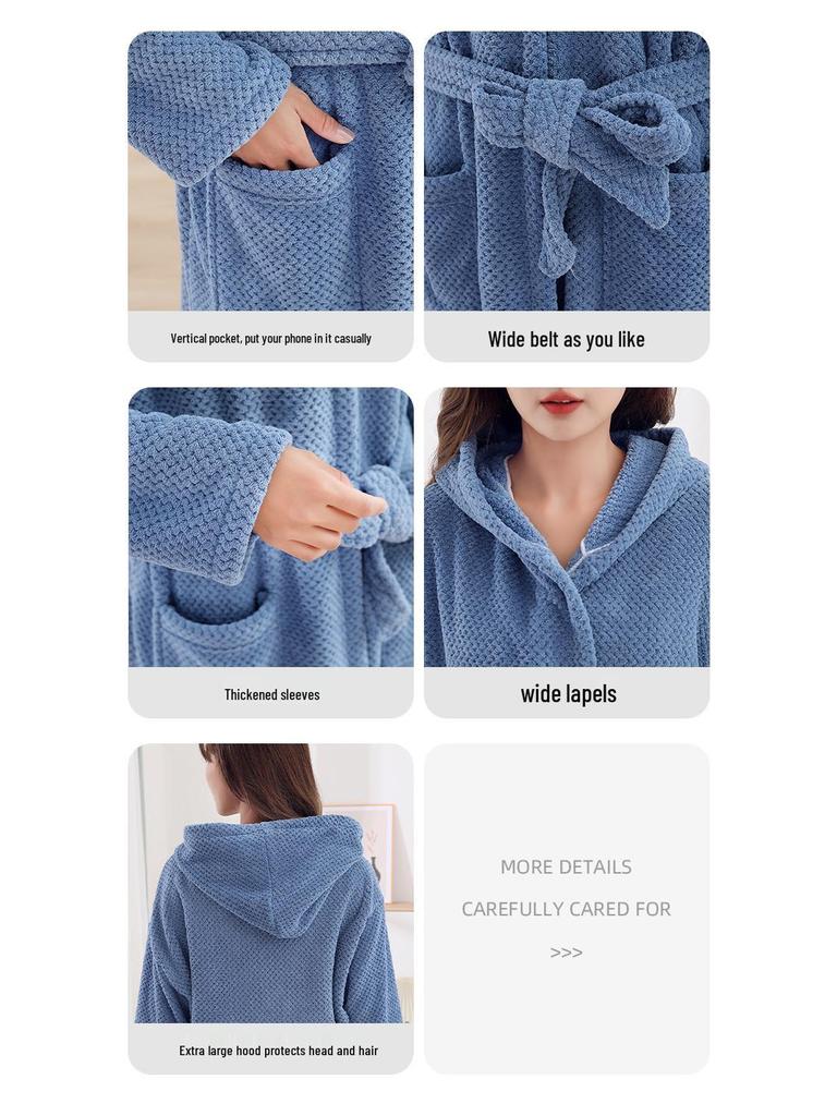 Четыре сезона Мерау Халат из кораллового флиса с капюшоном: Плотное, носимое банное полотенце с перекрестной завязкой и длинными рукавами.