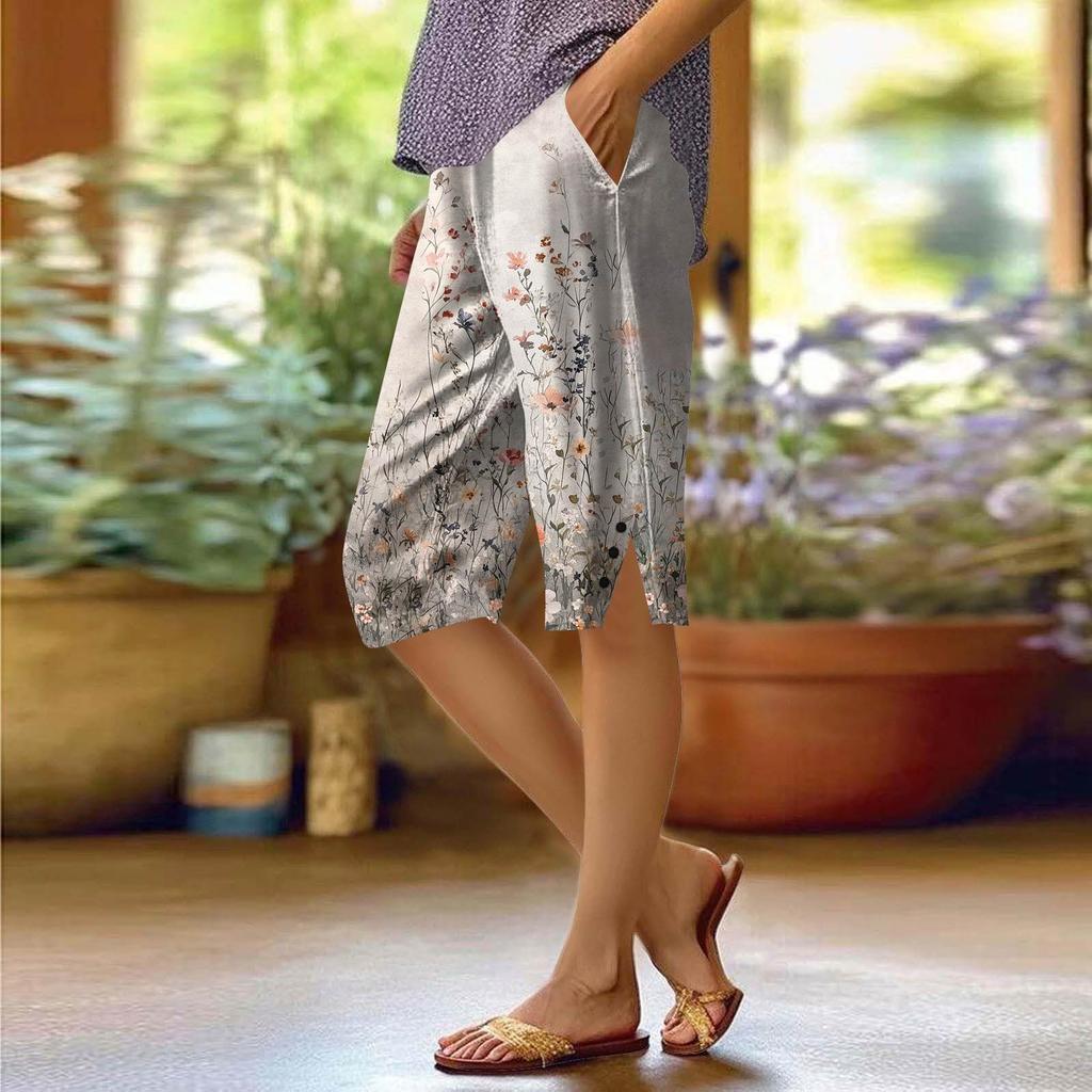 Женские брюки с принтом, модные повседневные шорты с карманами и эластичной резинкой на талии