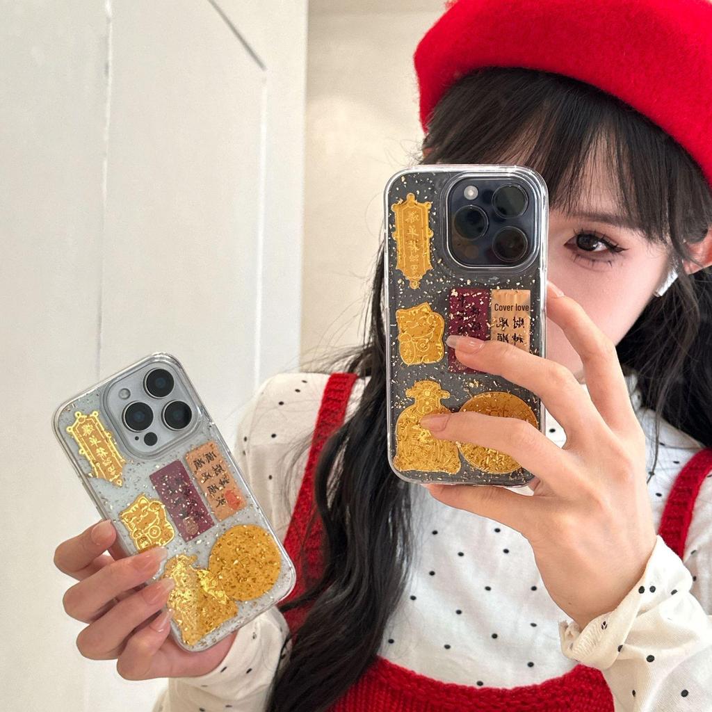 Китайский Бог Богатства Золотая Фольга Эпоксидный Чехол для Телефона для iPhone 13, 14, 15, 16 Pro Max & 17 Air - Ударопрочный Дизайн