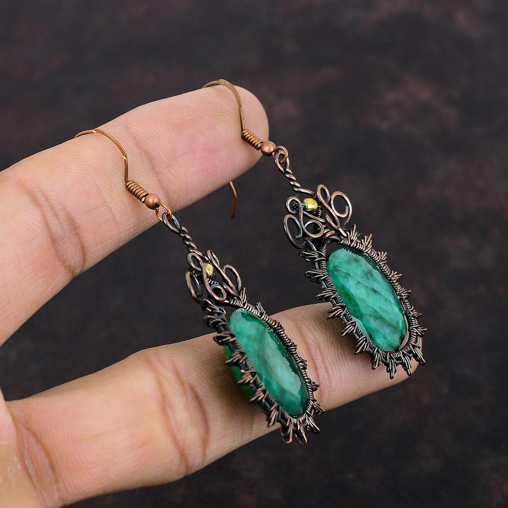 Серьги с ограненным замбийским изумрудом, серьги с медной проволокой, замечательные серьги с драгоценными камнями, медные украшения для подарка, украшения ручной работы из проволоки