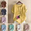 Women's Fashion Flowers Prined Round Neck Short Sleeve T-shirt Casual Cotton Linen Graphic Shirt Leisure Loose Summer Blouse Tops Plus Size