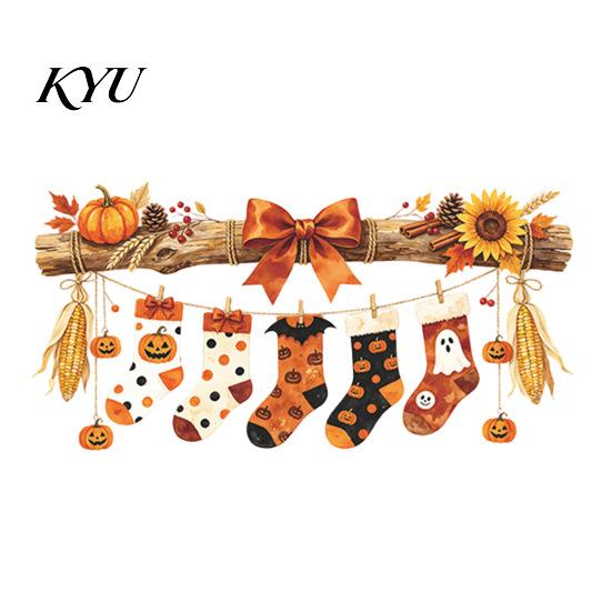 Halloween Glass Decorations Hanging Socks Window Stickers, Decorative Branch Pumpkin Popcorn & Bow Decals for Autumn Maple Leaf Harvest Festival