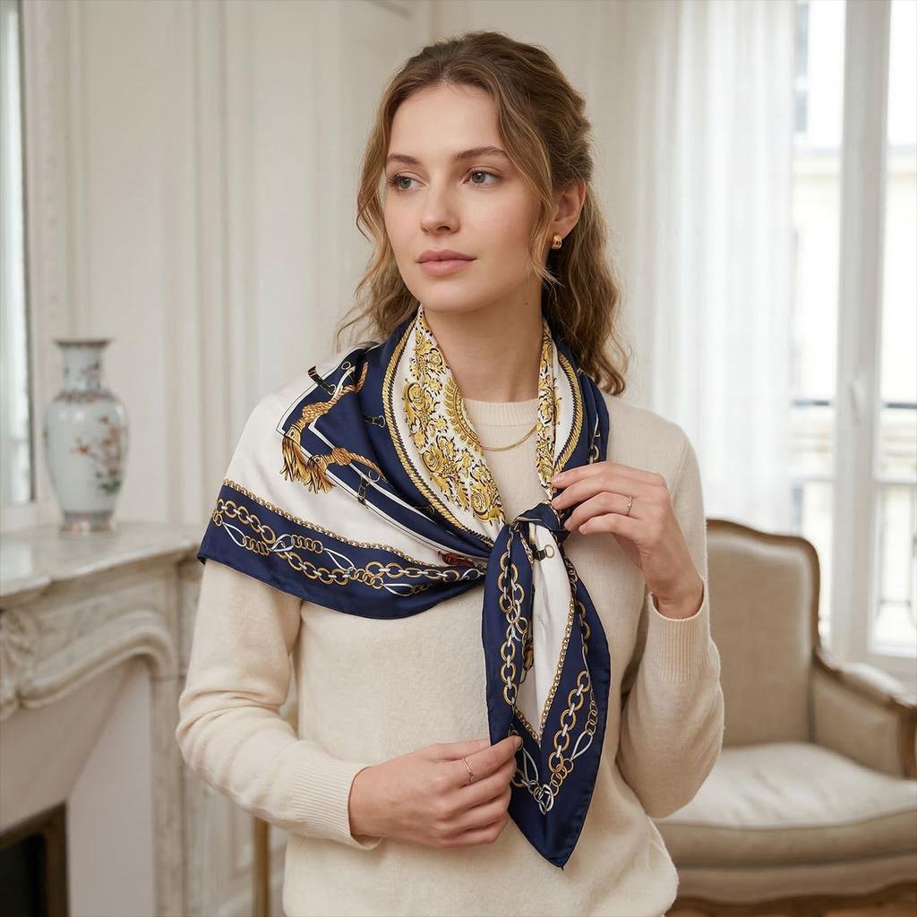 Hot-selling chain printed silk scarf versatile headscarf female imitation silk small square scarf 71 shawl versatile temperament silk scarf