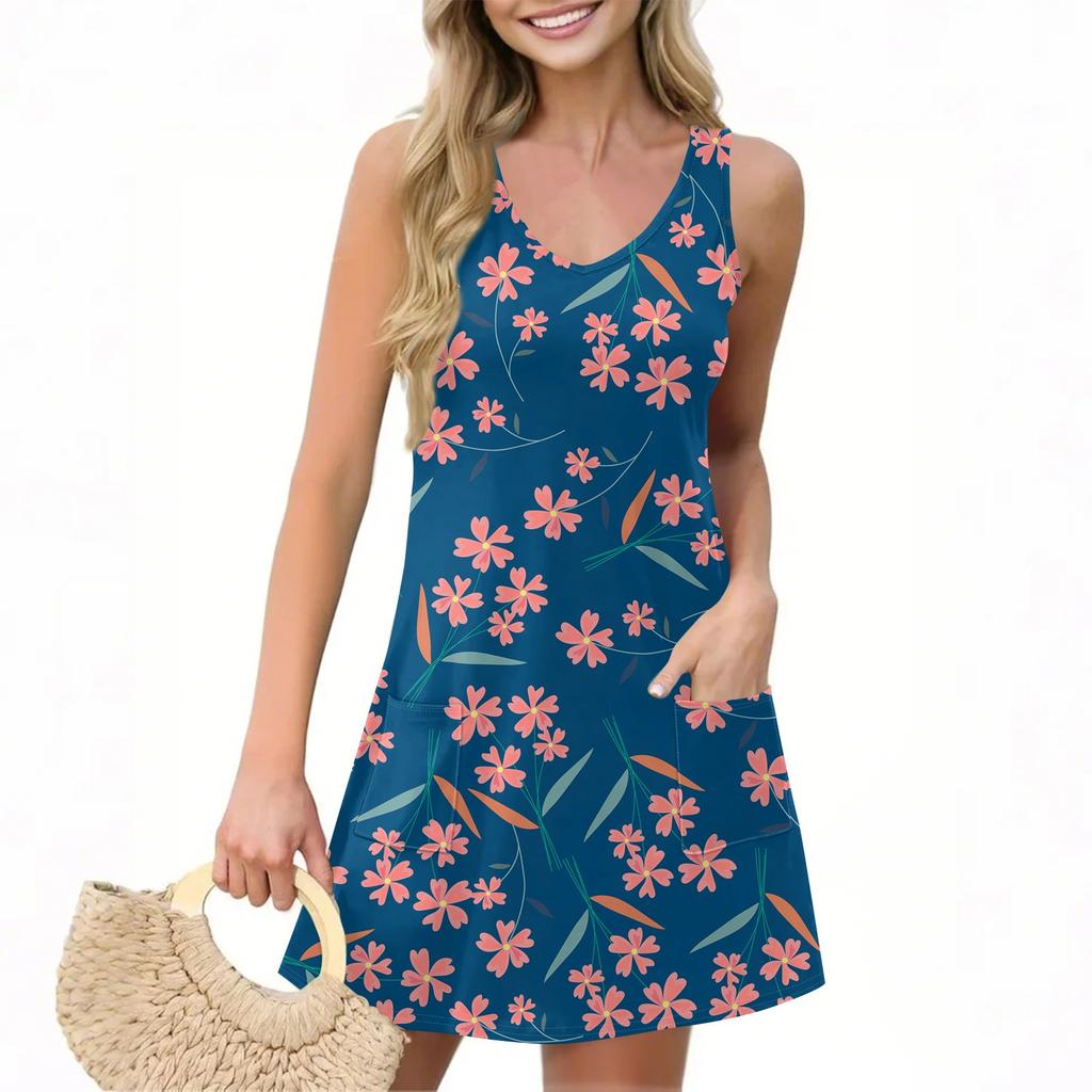 Женское повседневное летнее платье-жилет с карманами, цветочным принтом, V-образным вырезом, без рукавов