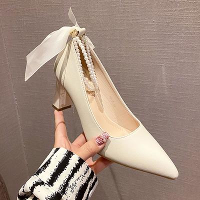 Женские туфли на высоком каблуке Мэри Джейн в стиле Лолиты с бисером, новые весенние толстые туфли-лодочки с бантом, дизайнерские женские свадебные сандалии с острым носком