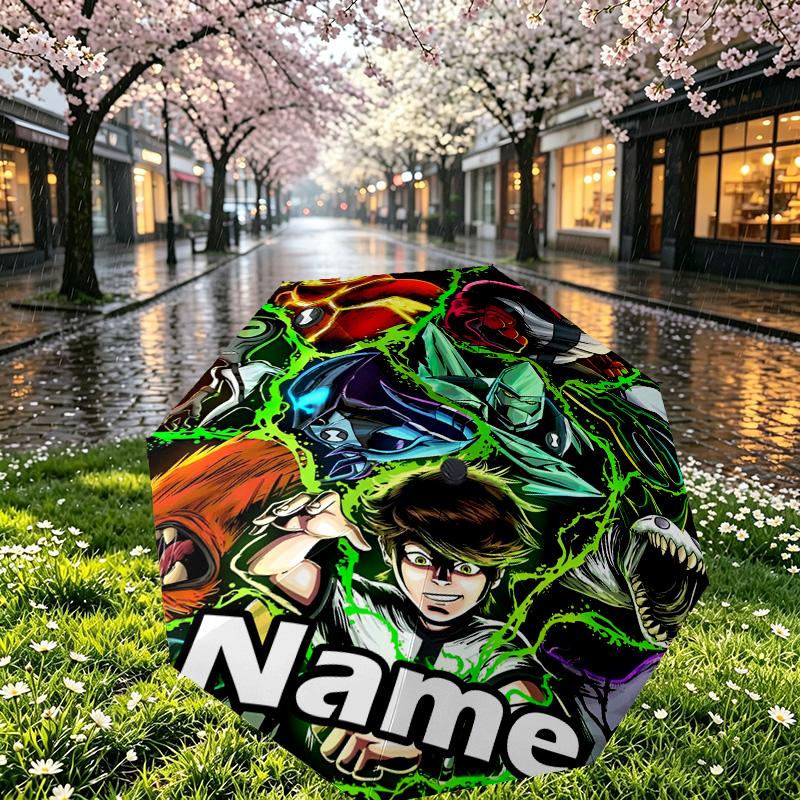 Custom Name Personalized Ben 10 Cartoon Print Umbrella, Auto Open Close, 8‑Rib Sturdy Frame, Commute Camping Hiking Use, Birthday Gift