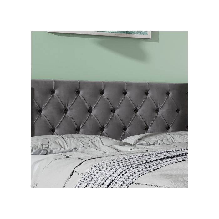Lit capitonné - MUVOE - 160x200 - Gris - Tête haute - Rangement intégré