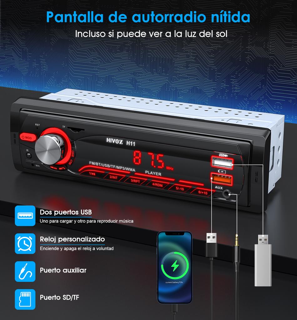 HIVOZ Автомобильное 1din Аудио Радио Bluetooth Стерео MP3-плеер FM-приемник 12В Поддержка зарядки телефона AUX/USB/TF-карта Встраиваемый комплект