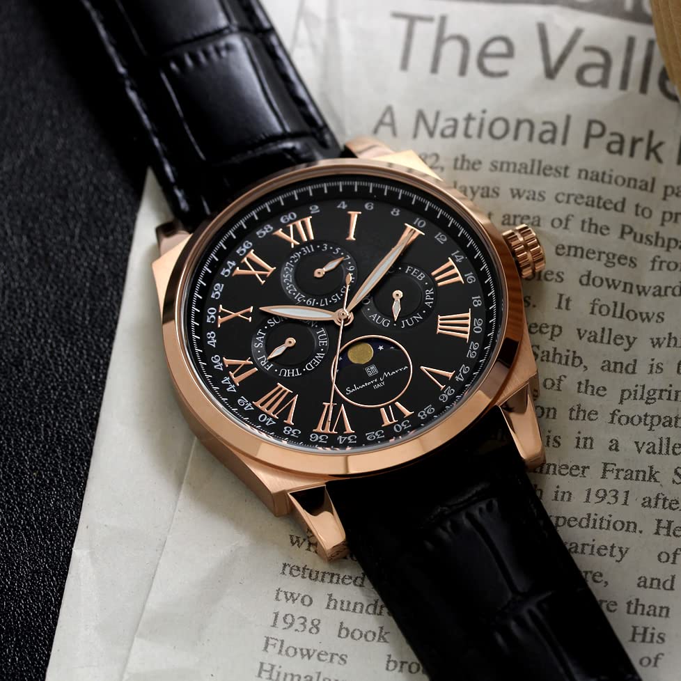 Часы Moon Phase Multi Calendar 5 ATM Водонепроницаемые деловые формальные кожаные часы с ремешком ограниченной модели черного розового золота [Salvatore Mara] мужские SM22105S-PGBK
