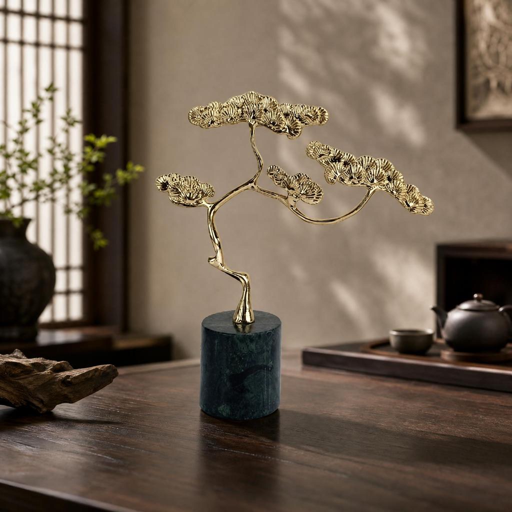 Metal Tree Decor with Green Base Indoor Conifer Figurine Low