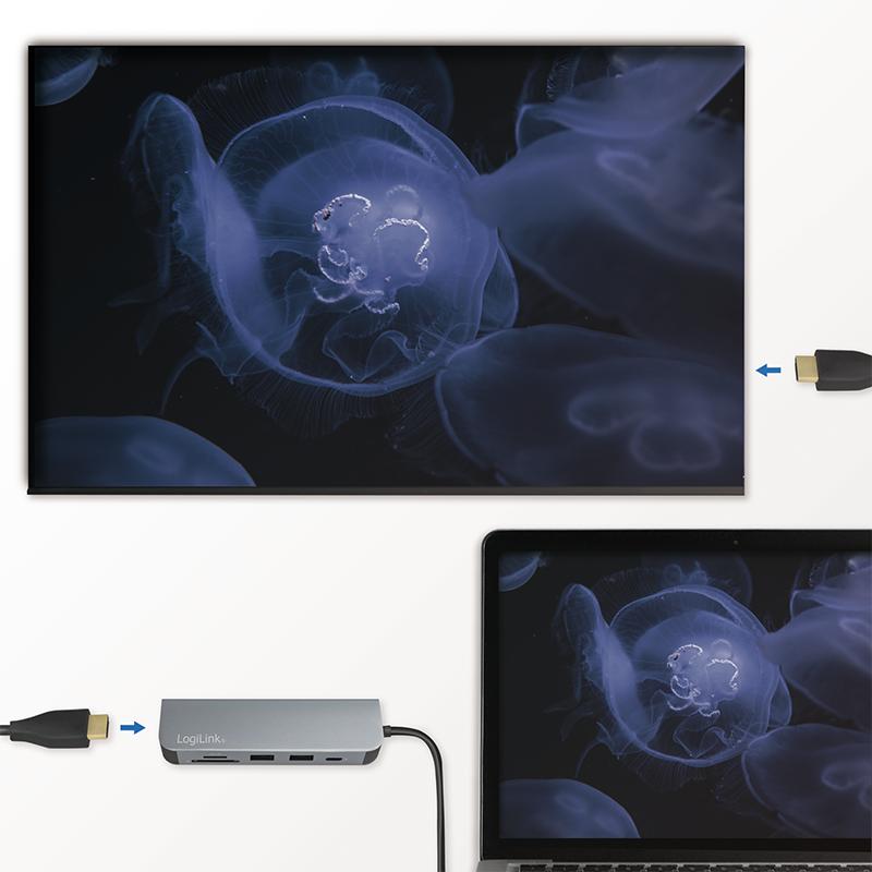 Hub USB-C 3.0 6in1 LogiLink hdmi 4K/30Hz PD SD card reader microSD 60W 4K