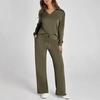 Loose V-Neck Long-Sleeved Top and Flared Long Pants Set with Drawstring Waist