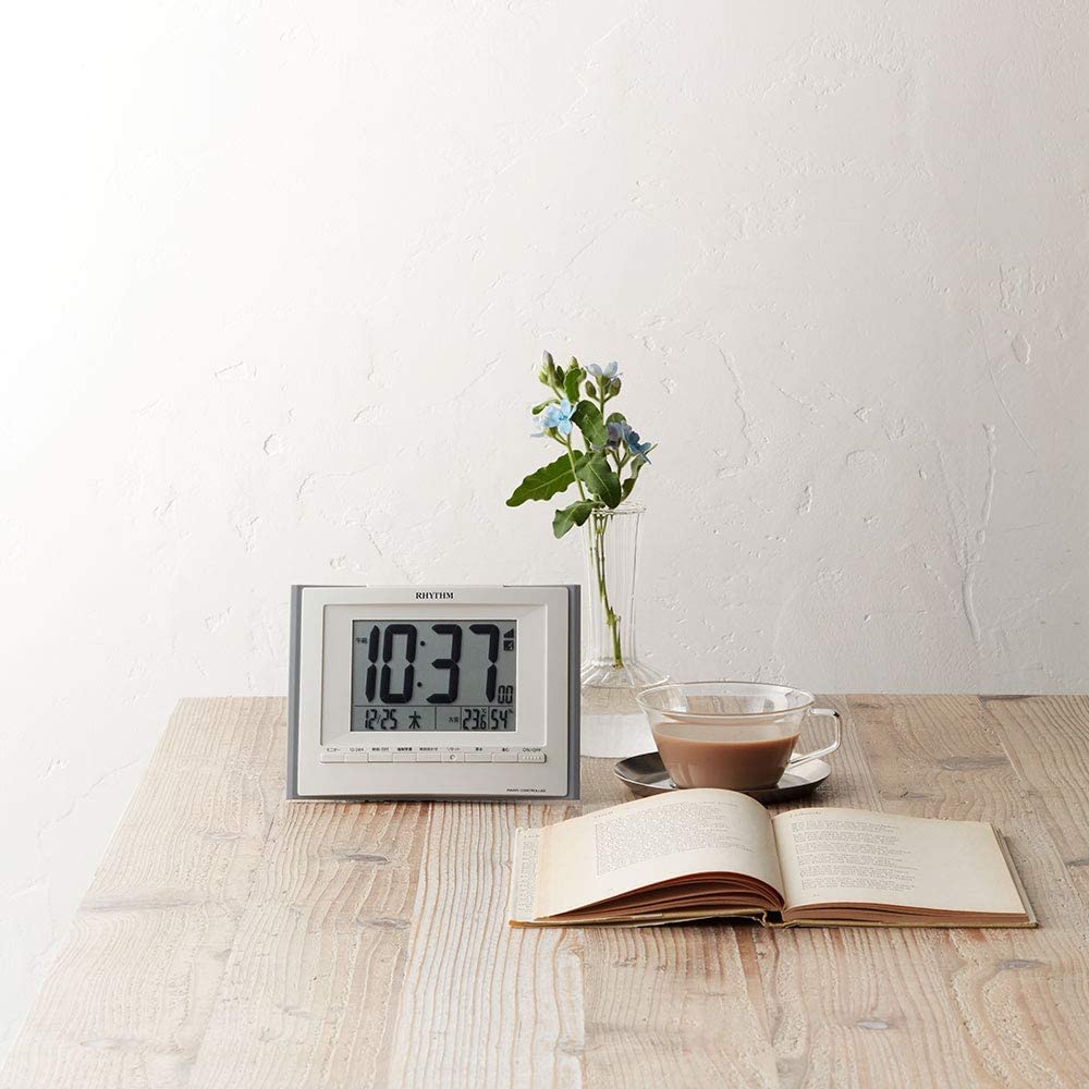 RHYTHM FitWave D168 Wall Digital Alarm Wall or Table with and Clock, Radio-Controlled Clock, Clock, Temperature, Humidity, Calendar, Gray,