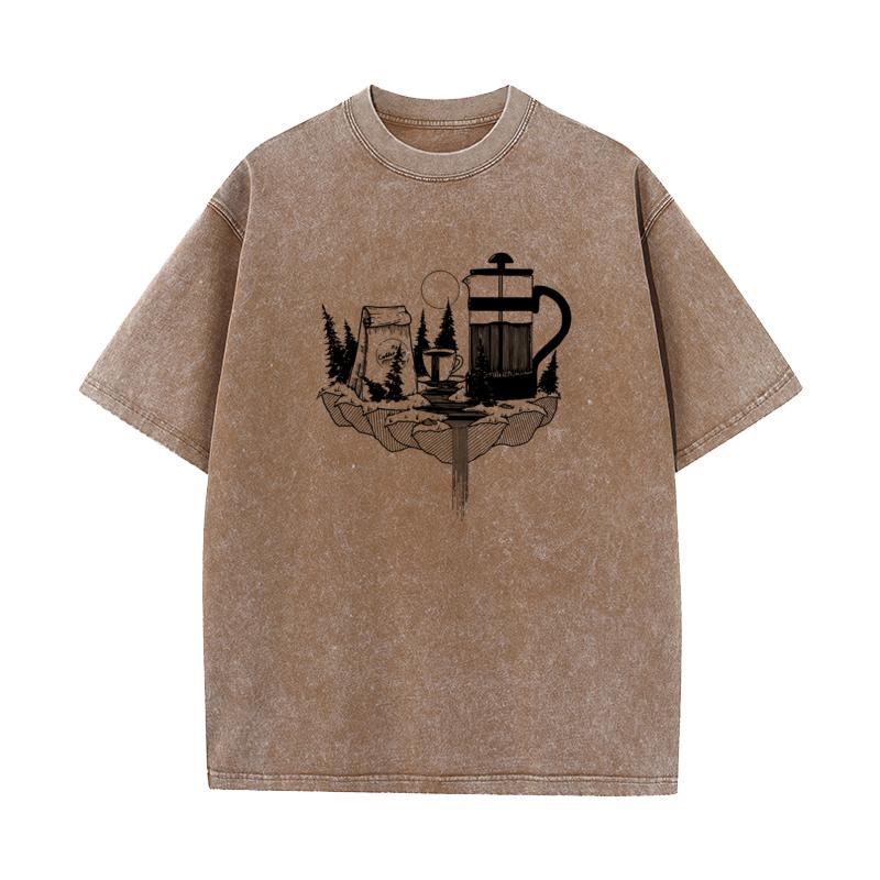 Forest Coffee O Neck Washed Retro T Shirts Christmas Casual Tops Tees Short Sleeve Family Pure Cotton Washed T Shirts Mens