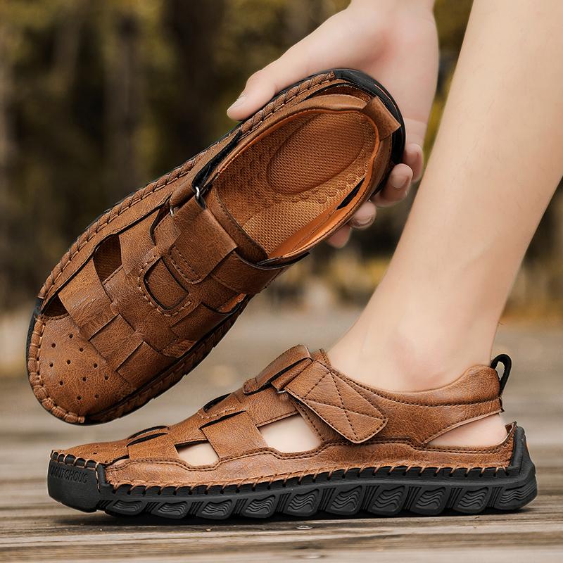 Мужские сандалии для улицы, быстросохнущие, ручной работы, летняя мужская обувь, новые повседневные кожаные пляжные шлепанцы с защитой пальцев от ударов, сандалии-рома
