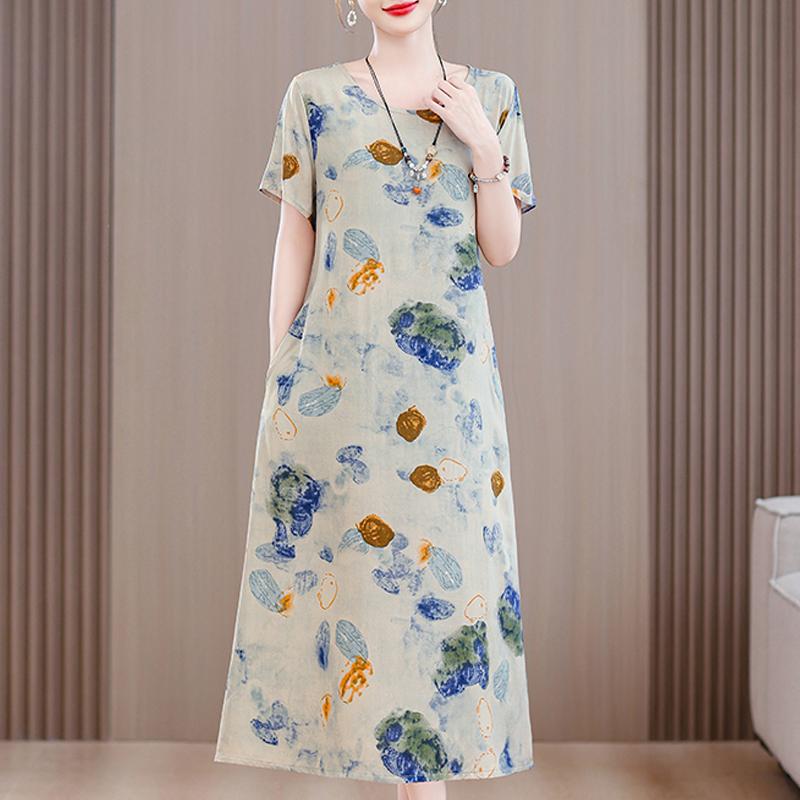 Летнее винтажное платье для женщин, повседневные платья больших размеров с короткими рукавами и поясом, элегантная женская одежда среднего возраста