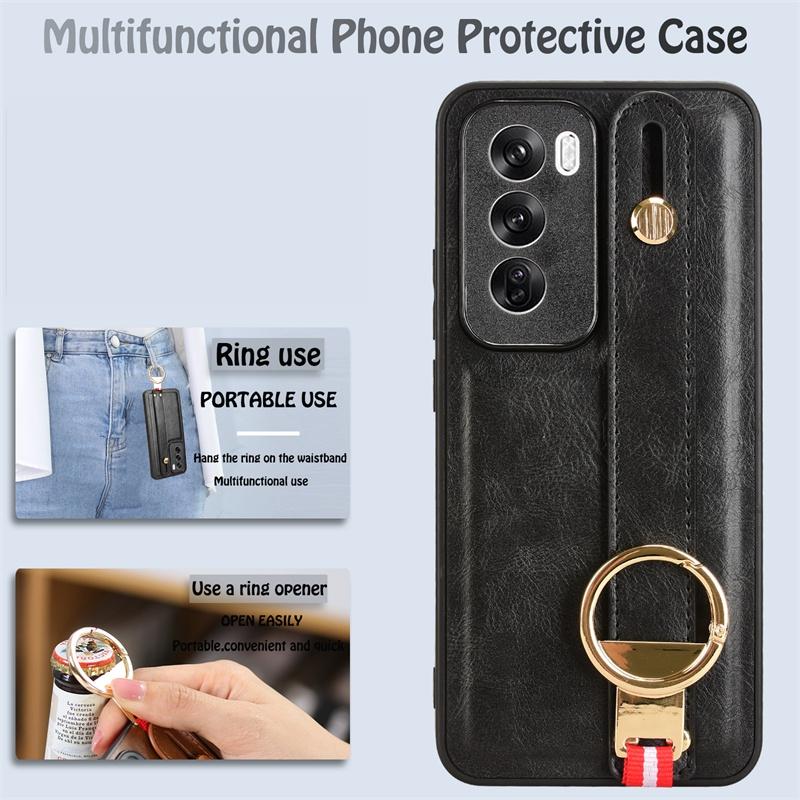 Luxury Wristband Leather Stand Case for OPPO Reno 12 11 Pro 5G Reno 12F 11F with Ring Opener Shockproof Holder Business Full Protection Cover
