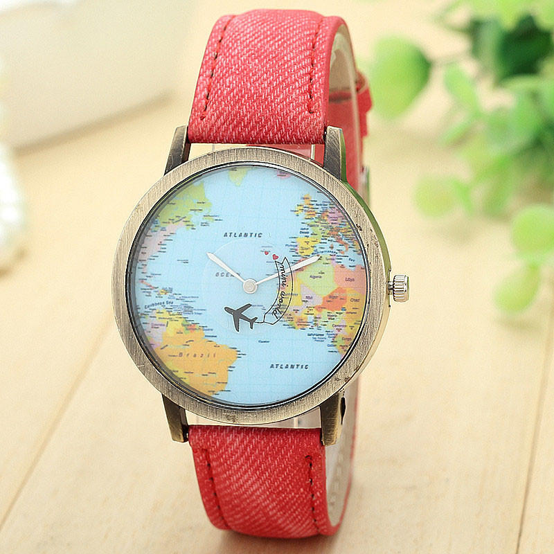 Watch Fashion Global Travel by Plane Map Women Watches Denim Fabric Bands