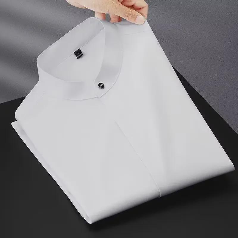 Men's Slim Fit Long-Sleeve Stand Collar Shirt - Silky, Non-Iron, Solid Color, Casual Business Attire for Spring and Autumn