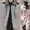 Women Winter Cotton Coat Thickened Padded Stuffed Hooded Mid Length Windproof Warm Zipper Pockets Zip Up Long Sleeve Solid Color Slim Fit Lady