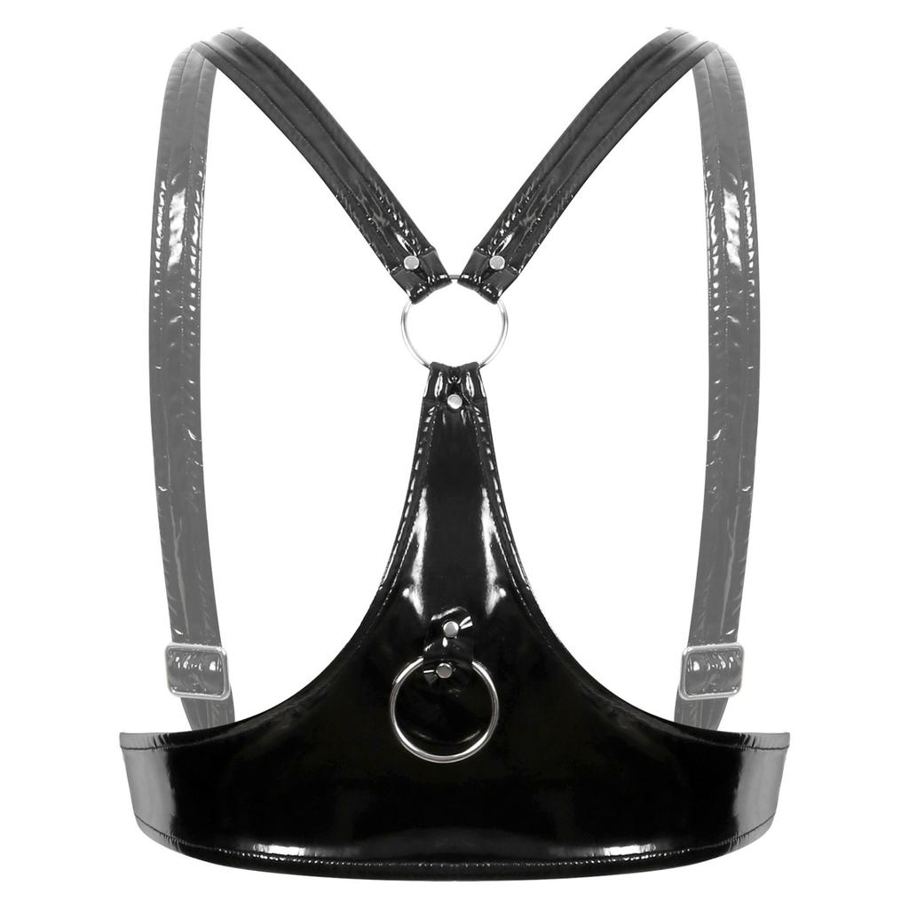 Womens Faux Leather Wire-free Unlined Bra Top Halter Straps Lingerie Nightwear