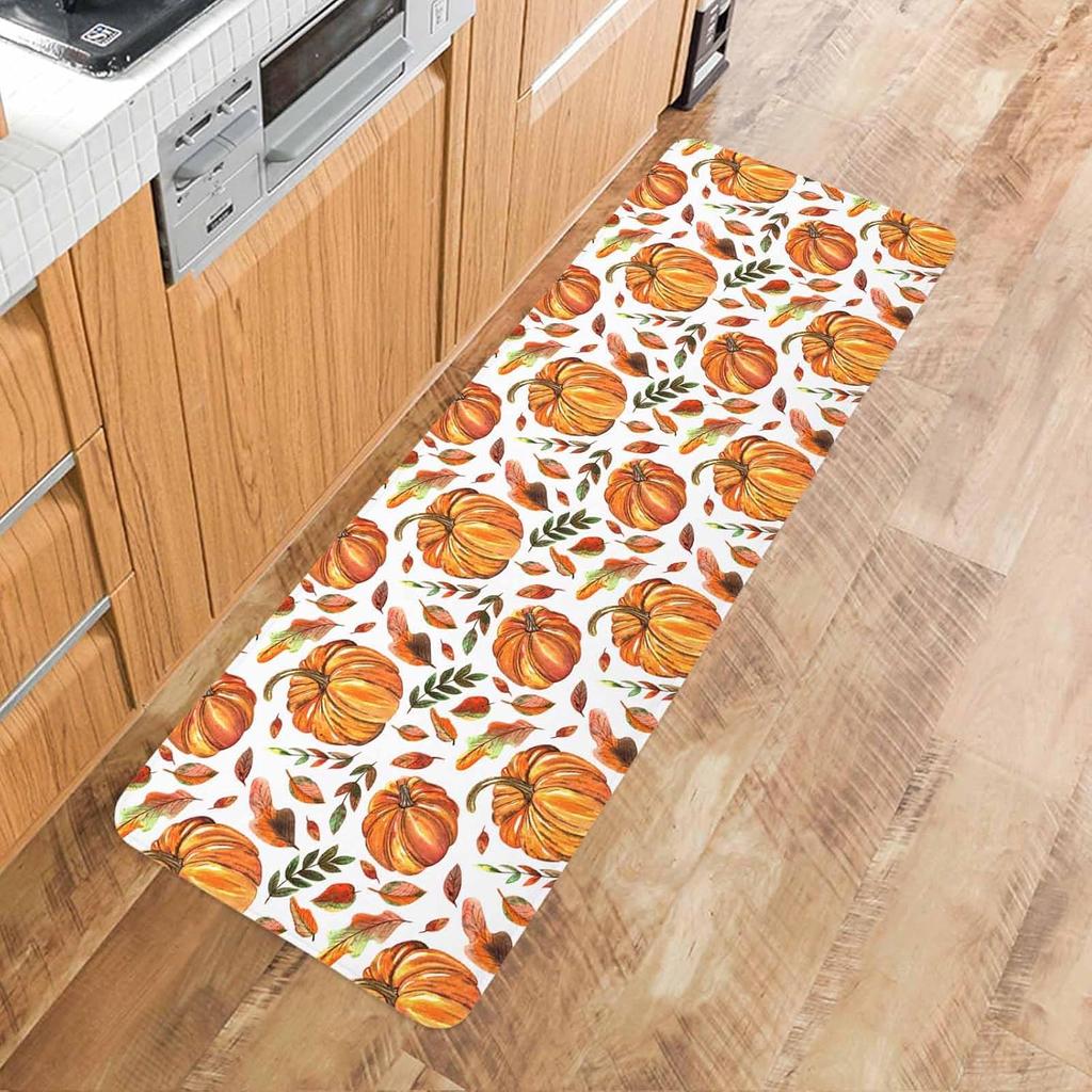 Fall Pumpkin Leaves Kitchen Mat Entrance Welcome Doormat Living Room Balcony Hallway Non-slip Floor Mat Thanksgiving Decorations