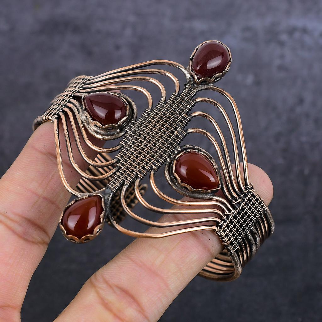 Браслет-манжета из медной проволоки с драгоценным камнем сердолик, регулируемый, t7a82