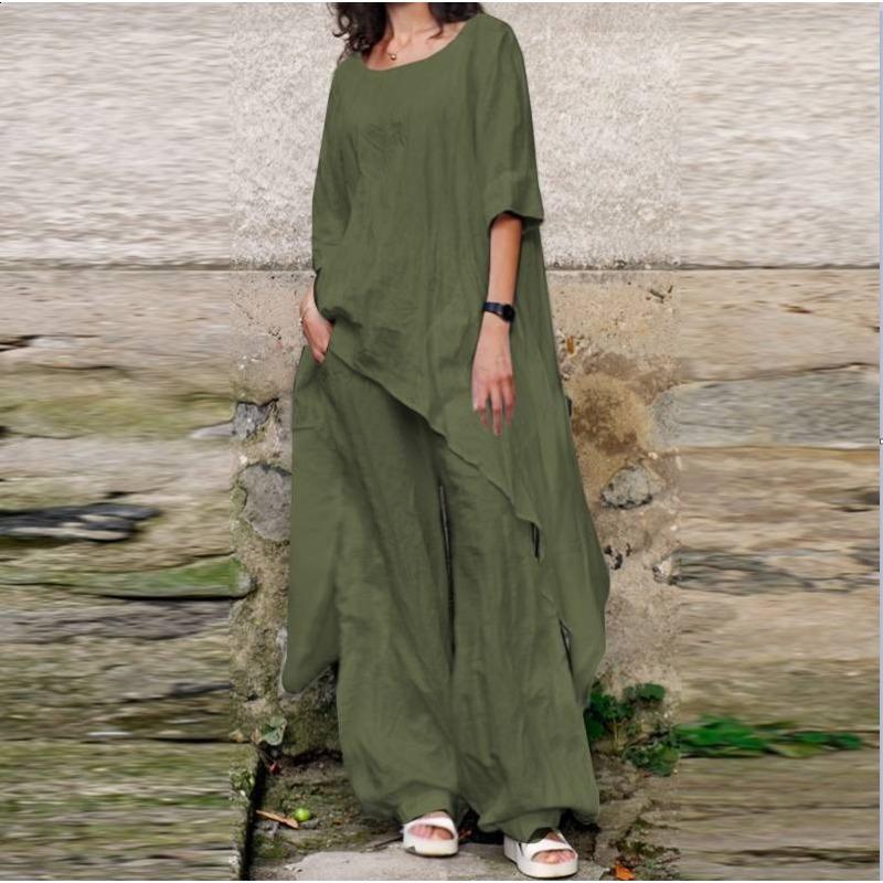 Женский двухпредметный костюм-oversize в повседневном стиле: топ с неровным подолом и коротким рукавом однотонный льняной и широкие брюки