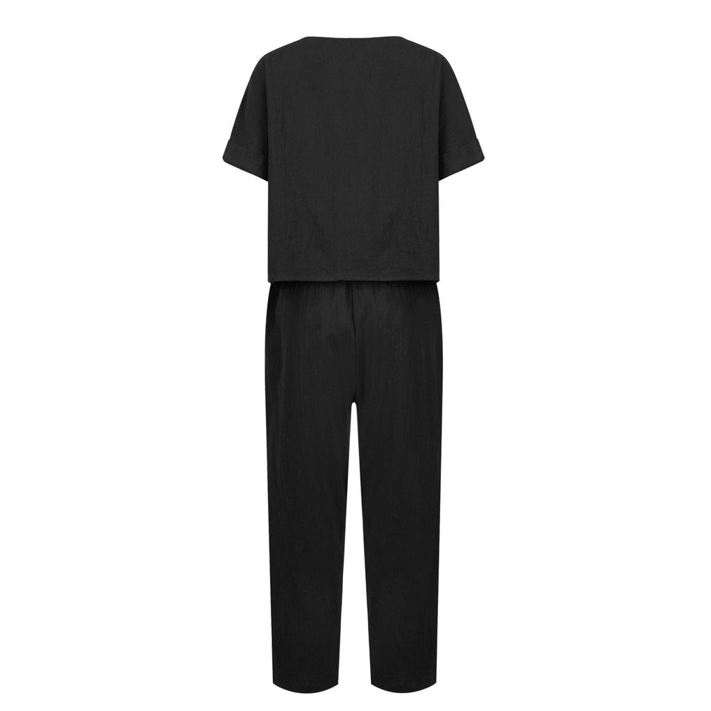 Модный и сексуальный женский весенне-летний льняной костюм в стиле ретро с эластичным поясом на талии, модный однотонный повседневный комплект из двух предметов